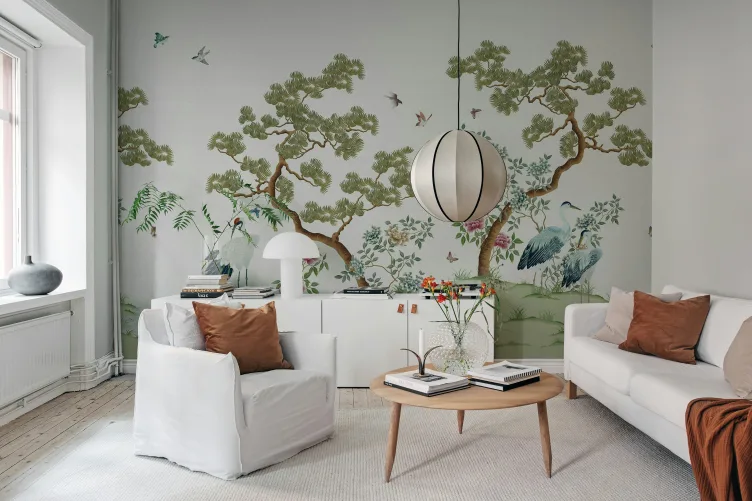 Rebel Walls R21722 Meet a Rebel Pine Grove White - mural w sosny i ptaki
