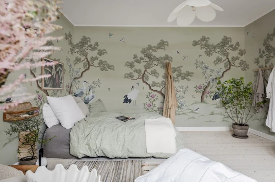 Rebel Walls R21723 Meet a Rebel Pine Grove Green - mural w sosny i ptaki