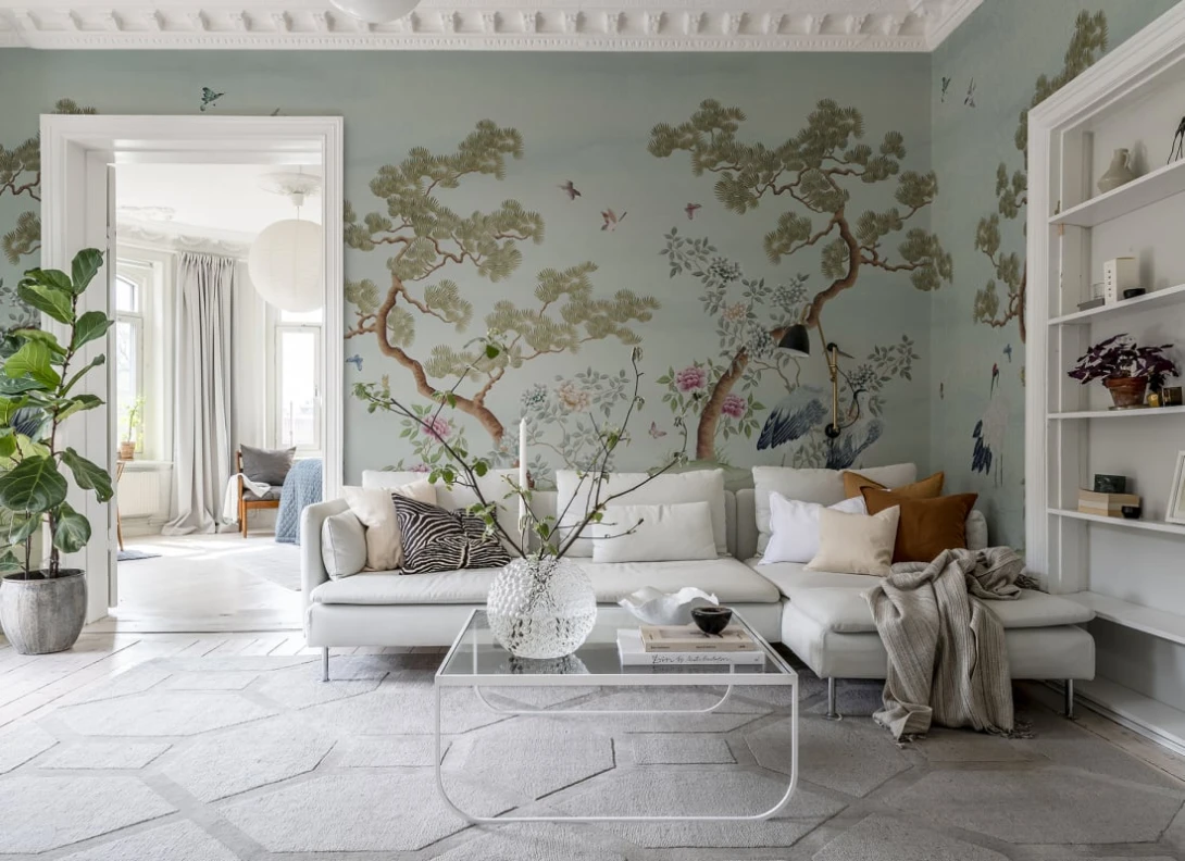 Rebel Walls R21725 Meet a Rebel Pine Grove Blue - mural w sosny i ptaki