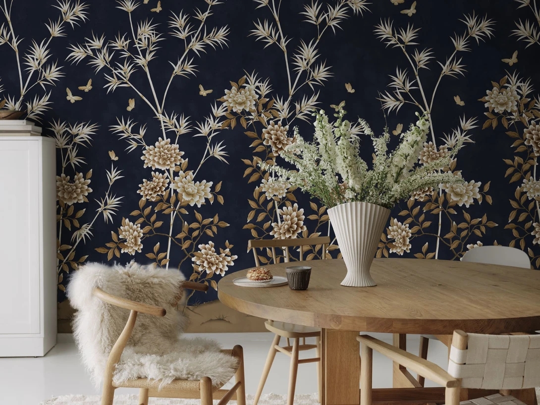 Rebel Walls R21735 Meet a Rebel Eastern Bloom Dark Blue - mural w rośliny i motyle