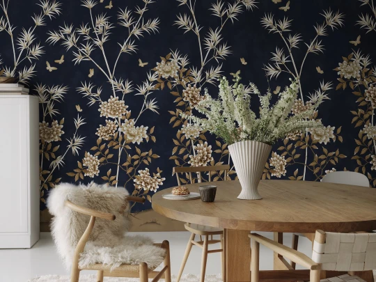 Rebel Walls R21735 Meet a Rebel Eastern Bloom Dark Blue - mural w rośliny i motyle