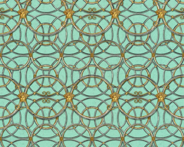 Versace 37049-7 IV La Scala Del Palazzo Turquoise with Pewter and Gold - tapeta w kratownicę z pierścieni