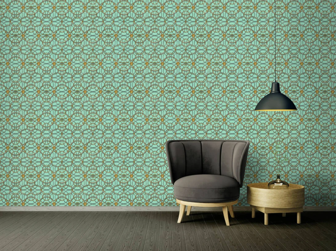 Versace 37049-7 IV La Scala Del Palazzo Turquoise with Pewter and Gold - tapeta w kratownicę z pierścieni