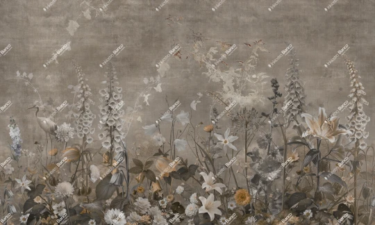Inkiostro Bianco INKMAIB2601 Materiaprima Bruma Cipria - mural w kwiaty i czaplę