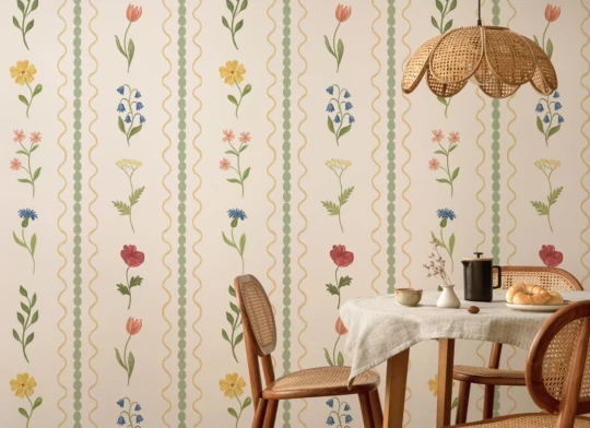 Hovia FL5855MU07W Wildflower Bobbin Green - mural w polne kwiaty i pasy