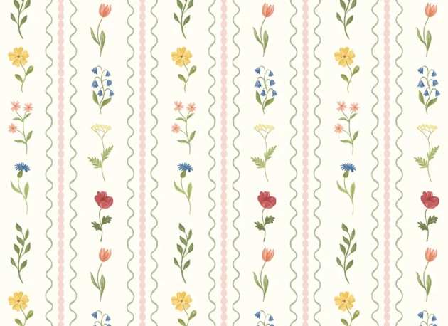 Hovia FL5857MU07W Wildflower Bobbin Pink - mural w polne kwiaty i pasy