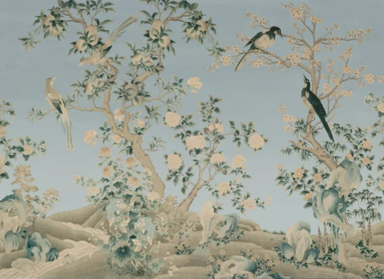 Hovia FL0805BU04W Yulan Gardens Blue - mural w orientalny ogród z ptakami
