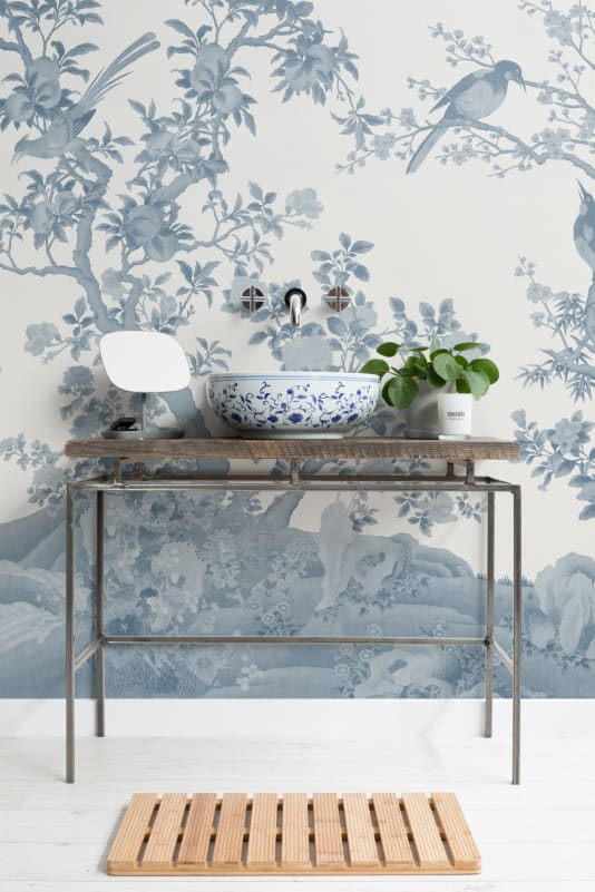 Hovia FL0809BU04W Yulan Gardens Tonal Blue - mural w orientalny ogród z ptakami