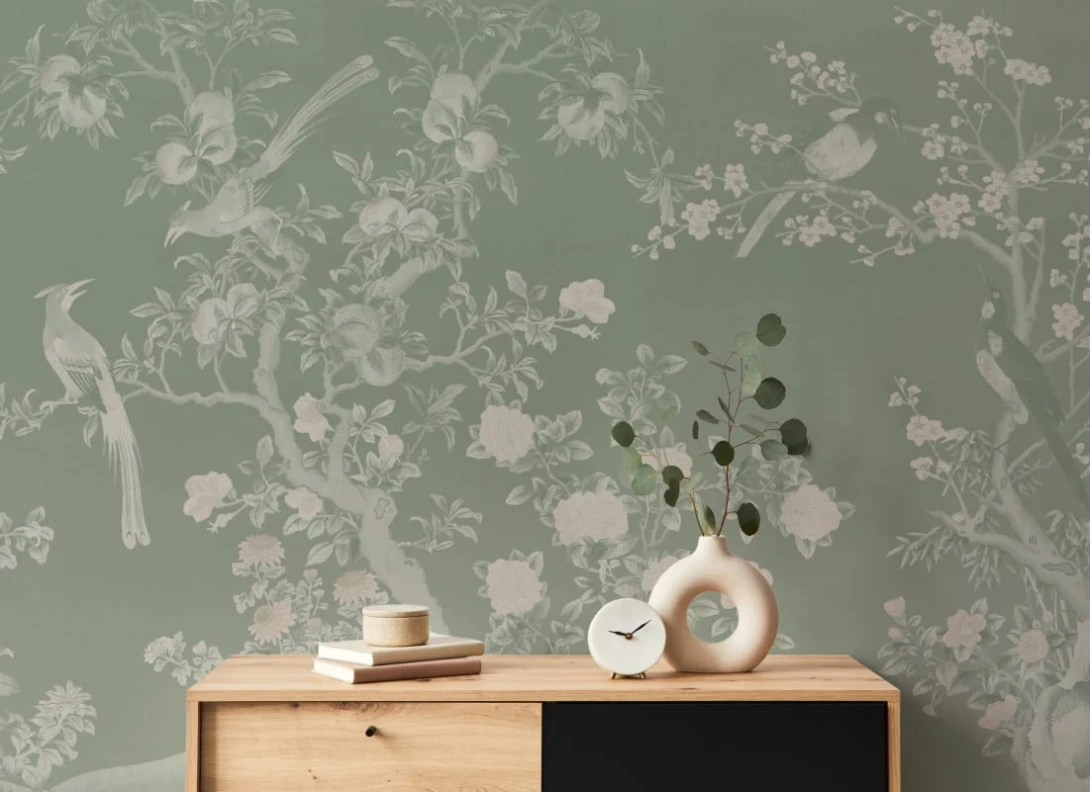 Hovia FL0810GR04W Yulan Gardens Green - mural w orientalny ogród z ptakami