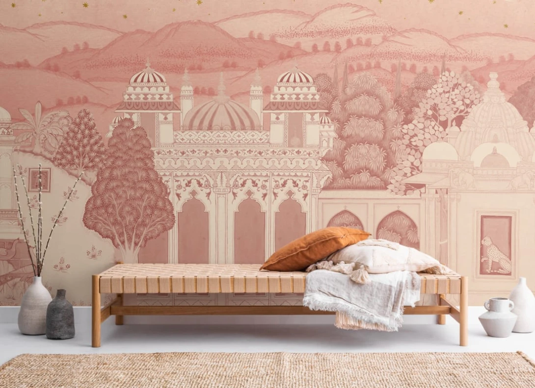 Hovia LA0670PI07W Temple Valley Pink - mural w pejzaż z orientalną architekturą