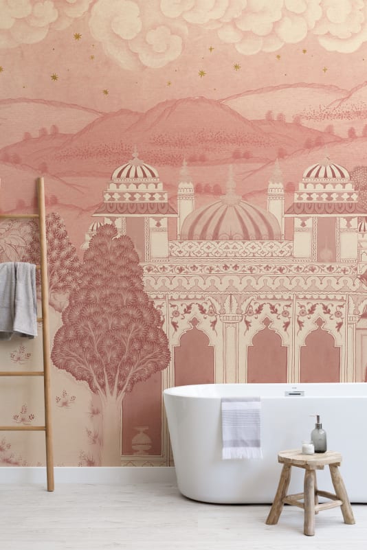 Hovia LA0670PI07W Temple Valley Pink - mural w pejzaż z orientalną architekturą