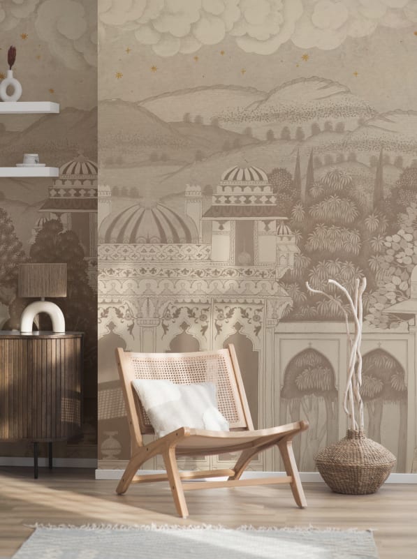 Hovia LA0672NE07W Temple Valley Neutral - mural w pejzaż z orientalną architekturą