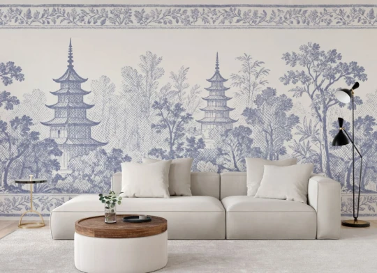Hovia FO01235BU06W Pagoda Blue - mural w orientalny pejzaż z pagodami