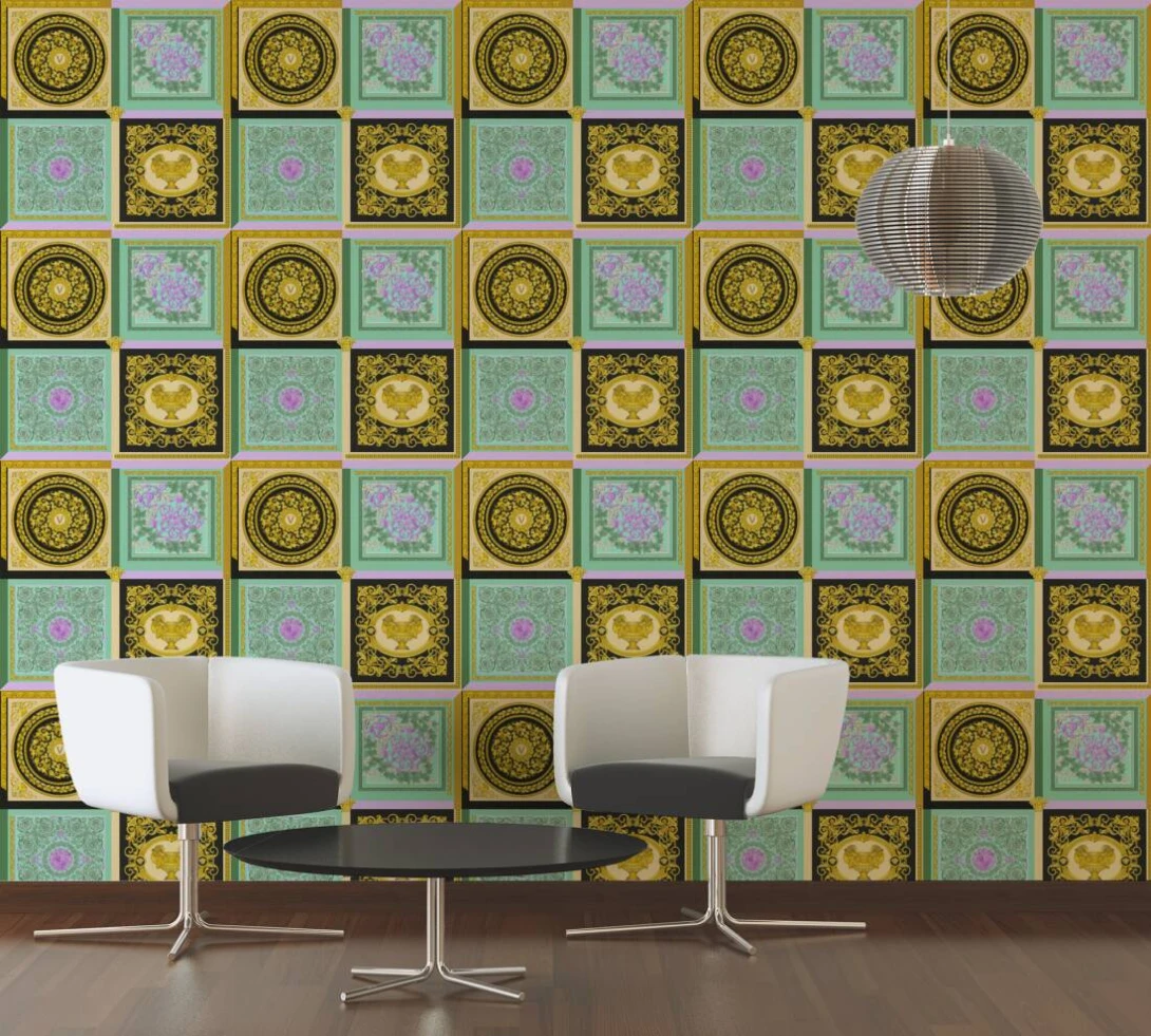 Versace 38704-1 V Barocco Mosaic Green-Gold - tapeta w barokową mozaikę