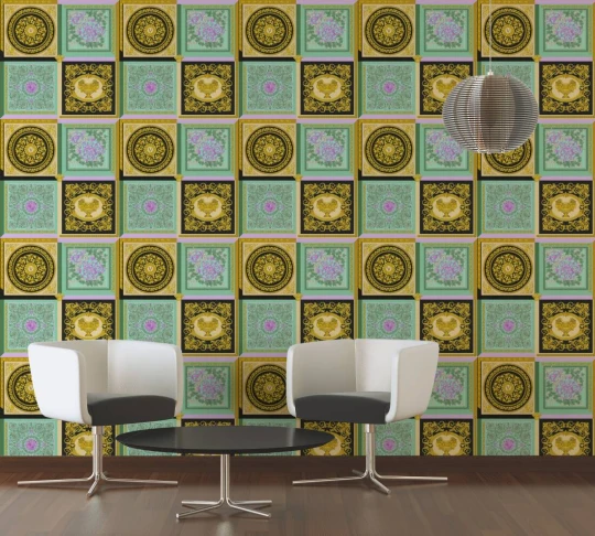 Versace 38704-1 V Barocco Mosaic Green-Gold - tapeta w barokową mozaikę
