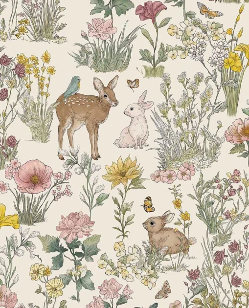 Eijffinger 363190 Tiny Treasures - tapeta dziecięca w leśne zwierzęta i kwiaty