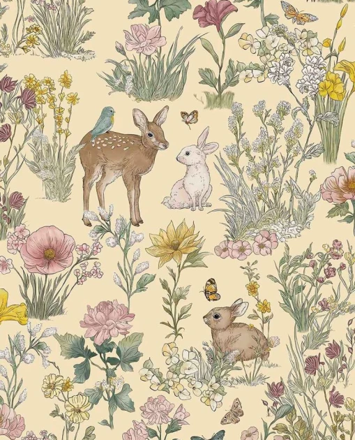 Eijffinger 363191 Tiny Treasures - tapeta dziecięca w leśne zwierzęta i kwiaty