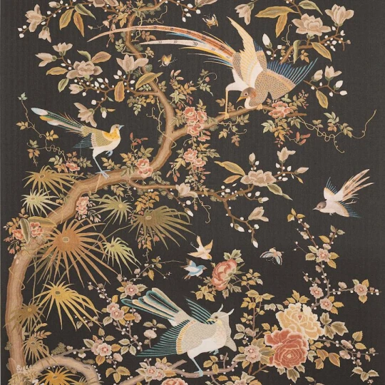 Colefax and Fowler W7031-03 Belmont Black - tapeta lniana w ptaki i gałęzie