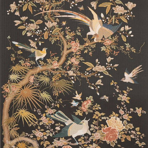 Colefax and Fowler W7031-03 Belmont Black - tapeta lniana w ptaki i gałęzie