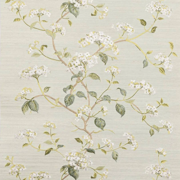Colefax and Fowler W7024-02 Belmont Summerby Celadon - tapeta z sizalu w krzew hortensji