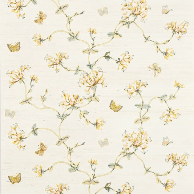 Colefax and Fowler W7032-01 Belmont Honeysuckle Garden Gold/Leaf - tapeta z sizalu haftowana w wiciokrzew