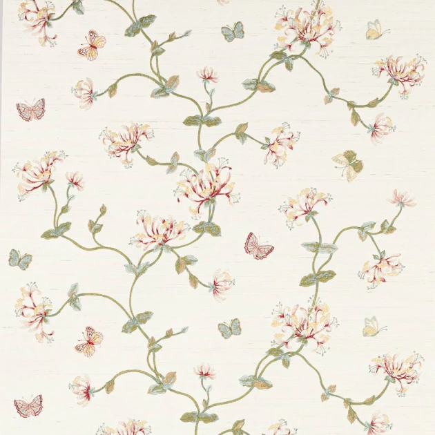 Colefax and Fowler W7032-02 Belmont Honeysuckle Garden Pink/Green - tapeta z sizalu haftowana w wiciokrzew