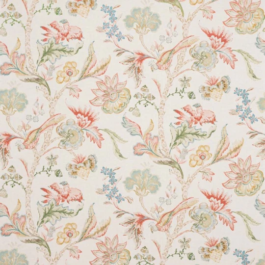 Colefax and Fowler W7026-01 Belmont Belvedere Pink/Green - tapeta lniana w kwiaty i ptaki