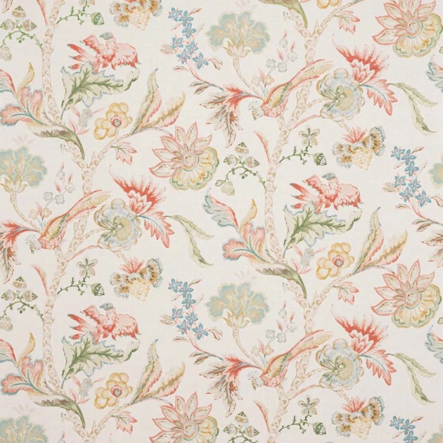 Colefax and Fowler W7026-01 Belmont Belvedere Pink/Green - tapeta lniana w kwiaty i ptaki