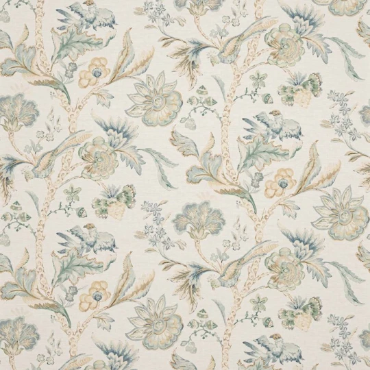 Colefax and Fowler W7026-02 Belmont Belvedere Aqua/Beige - tapeta lniana w kwiaty i ptaki