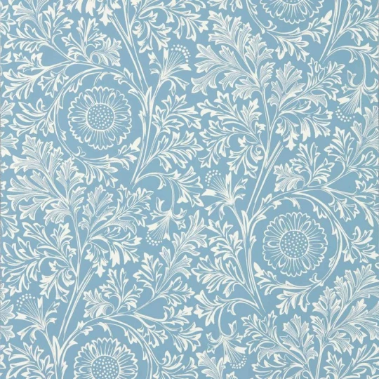 Morris & Co. 217588 The Unfinished Works Chamomile China Blue - tapeta w roślinny ornament z rumiankiem