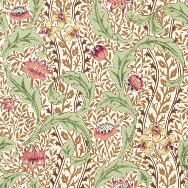 Morris & Co. 217579 The Unfinished Works Wild Tulip & Vine Rose/Linen - tapeta w roślinny ornament z tulipanem