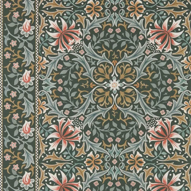 Morris & Co. 217600 The Unfinished Works Walthamstow Forest/Teal - tapeta w roślinny ornament z wiciokrzewem