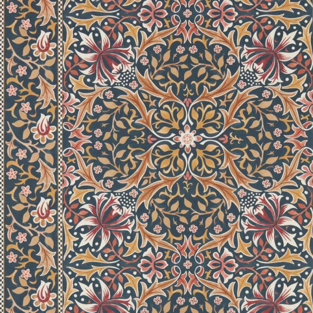 Morris & Co. 217601 The Unfinished Works Walthamstow Indigo/Gold - tapeta w roślinny ornament z wiciokrzewem