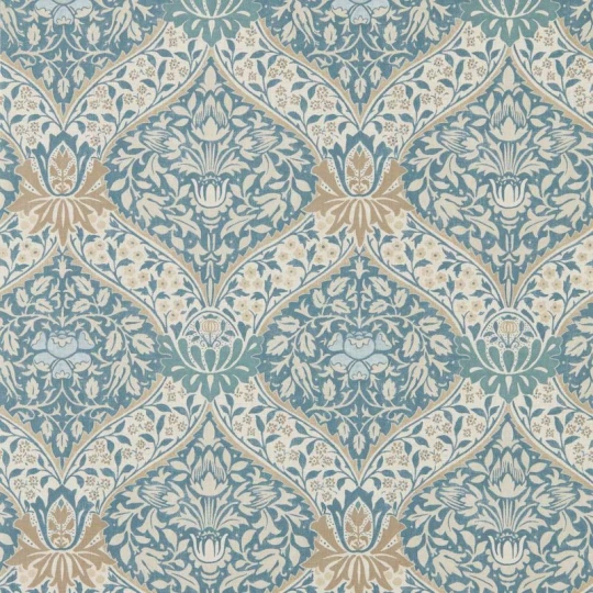 Morris & Co. 217592 The Unfinished Works Norbury Woad/Linen - tapeta w roślinny ornament adamaszkowy