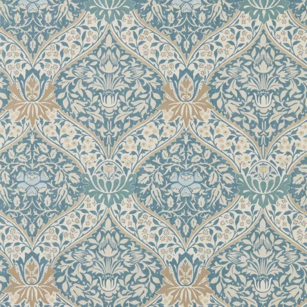 Morris & Co. 217592 The Unfinished Works Norbury Woad/Linen - tapeta w roślinny ornament adamaszkowy