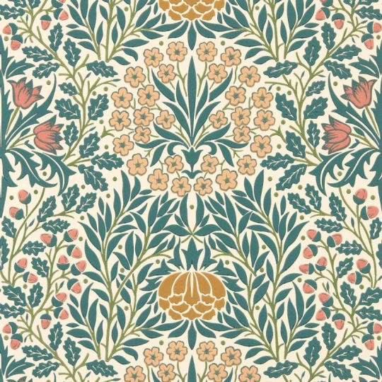 Morris & Co. 217586 The Unfinished Works Daisy & Oak Madder/Teal - tapeta w roślinny ornament z żołędziami