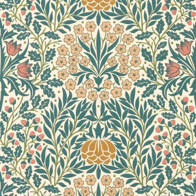 Morris & Co. 217586 The Unfinished Works Daisy & Oak Madder/Teal - tapeta w roślinny ornament z żołędziami