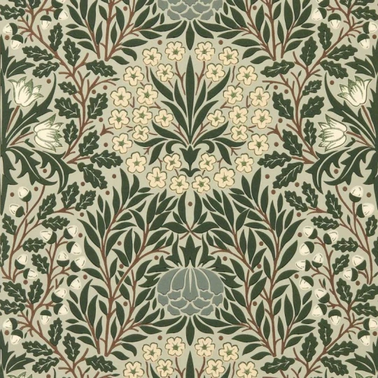 Morris & Co. 217585 The Unfinished Works Daisy & Oak Sage/Forest - tapeta w roślinny ornament z żołędziami