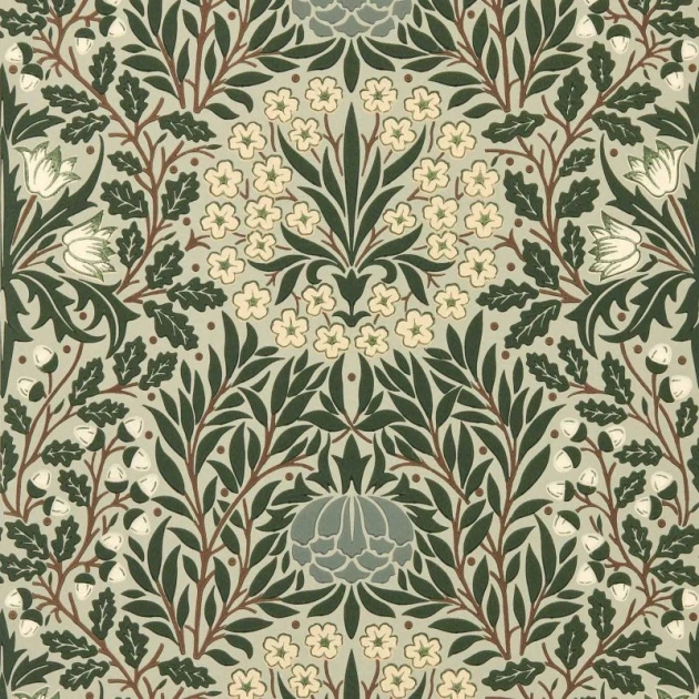 Morris & Co. 217585 The Unfinished Works Daisy & Oak Sage/Forest - tapeta w roślinny ornament z żołędziami