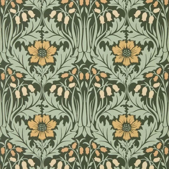 Morris & Co. 217575 The Unfinished Works Woodbell & Anemone Bayleaf/Manilla - tapeta w roślinny ornament z zawilcem