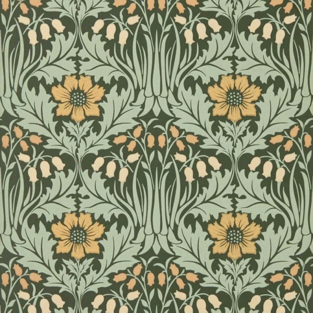 Morris & Co. 217575 The Unfinished Works Woodbell & Anemone Bayleaf/Manilla - tapeta w roślinny ornament z zawilcem
