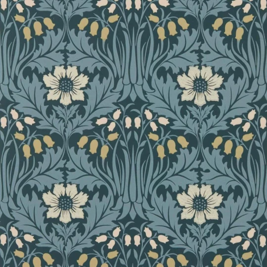 Morris & Co. 217574 The Unfinished Works Woodbell & Anemone Indigo - tapeta w roślinny ornament z zawilcem
