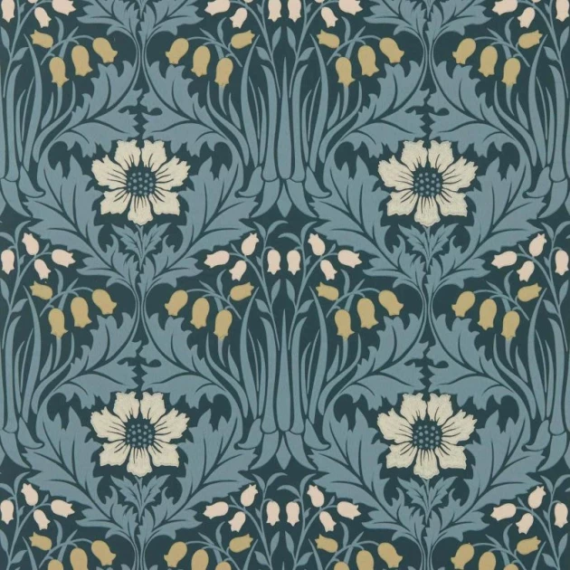 Morris & Co. 217574 The Unfinished Works Woodbell & Anemone Indigo - tapeta w roślinny ornament z zawilcem