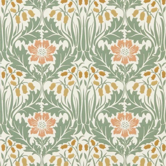 Morris & Co. 217573 The Unfinished Works Woodbell & Anemone Rose/Sage - tapeta w roślinny ornament z zawilcem
