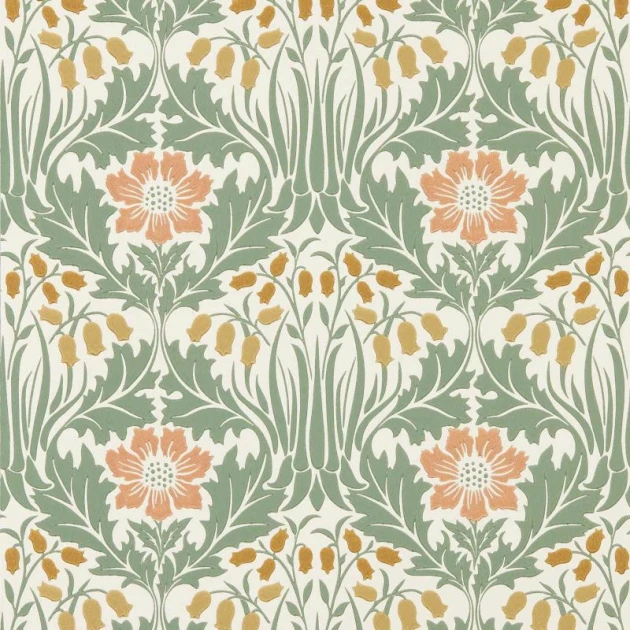 Morris & Co. 217573 The Unfinished Works Woodbell & Anemone Rose/Sage - tapeta w roślinny ornament z zawilcem
