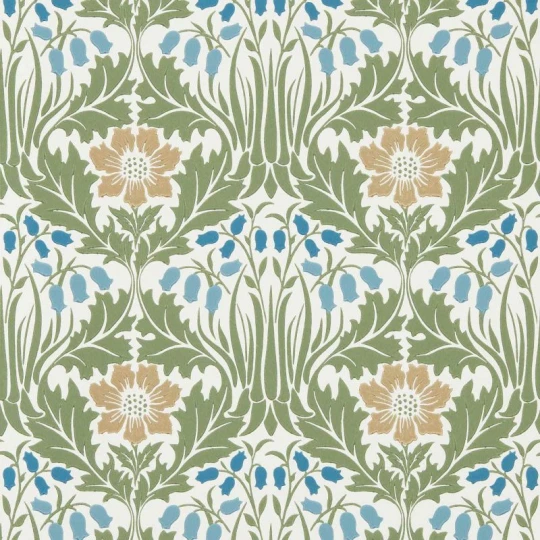 Morris & Co. 217572 The Unfinished Works Woodbell & Anemone Woad/Nettle - tapeta w roślinny ornament z zawilcem