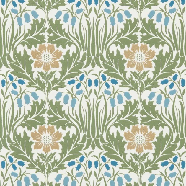 Morris & Co. 217572 The Unfinished Works Woodbell & Anemone Woad/Nettle - tapeta w roślinny ornament z zawilcem