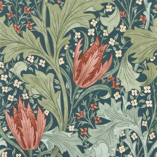 Morris & Co. 217595 The Unfinished Works Lent Lily Indigo/Madder - tapeta w roślinny ornament z tulipanem i akantem