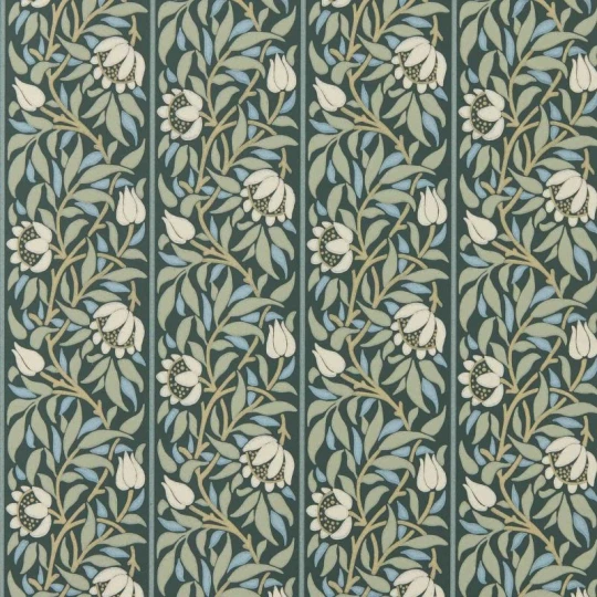 Morris & Co. 217571 The Unfinished Works Peony Trellis Bayleaf/Slate - tapeta w roślinny ornament w pasy z peoniami