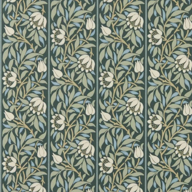 Morris & Co. 217571 The Unfinished Works Peony Trellis Bayleaf/Slate - tapeta w roślinny ornament w pasy z peoniami